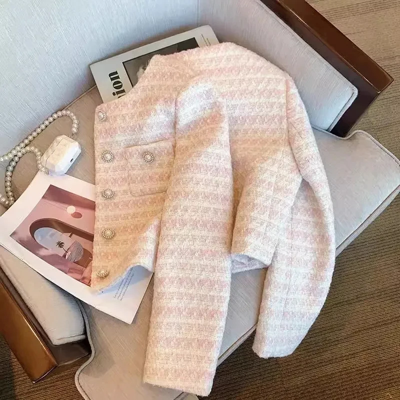 معاطف نسائية كلاسيكية من التويد كورية أنيقة على طراز هيبورن سترة برقبة دائرية Y2K للخريف مكتب سيدة زر من اللؤلؤ كل مباراة ملابس خارجية قصيرة #3