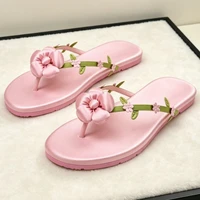 YNPO Flip Flops Women Pink Flower Decorated Satin Split Toe Sandals Summer Comfortable Soft Sole Beach Designer Shoes