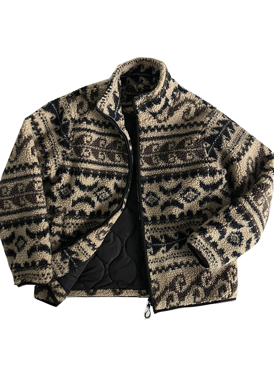 

Утепленная короткая широкая куртка в стиле Fair Isle из овечьего бархата в японском стиле, осенне-зимняя, ретро, с воротником-стойкой, хлопковая верхняя одежда, модная.