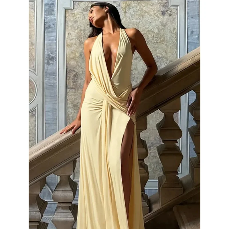

Halter Deep V Neck Backless Sexy Maxi Dress Women Gown Fashion Irregular Sleeveless Thigh High Split Club Party Dresses