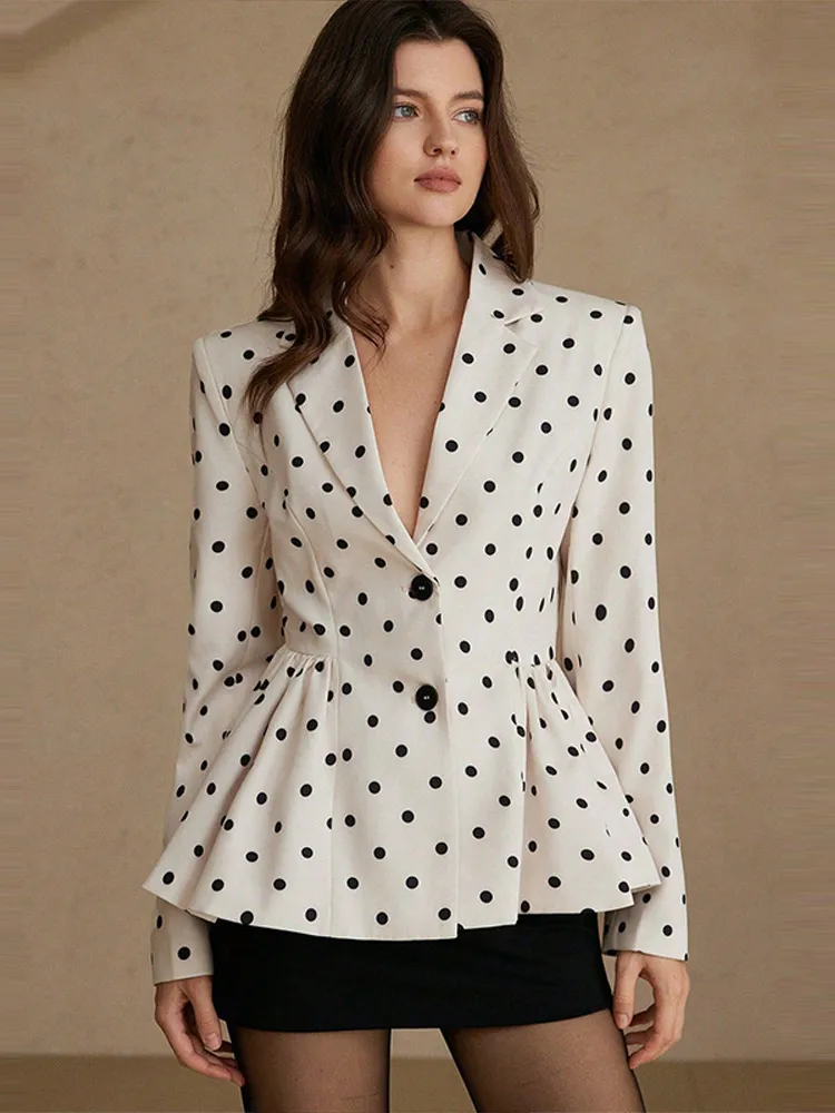 Gepunktete Taillenbetonte Mäntel für Damen Eleganter Revers Langarm Einreihiger Plissierter Schlanker Blazer Schicke Büro-Damen Neue Oberbekleidung – Detail 7