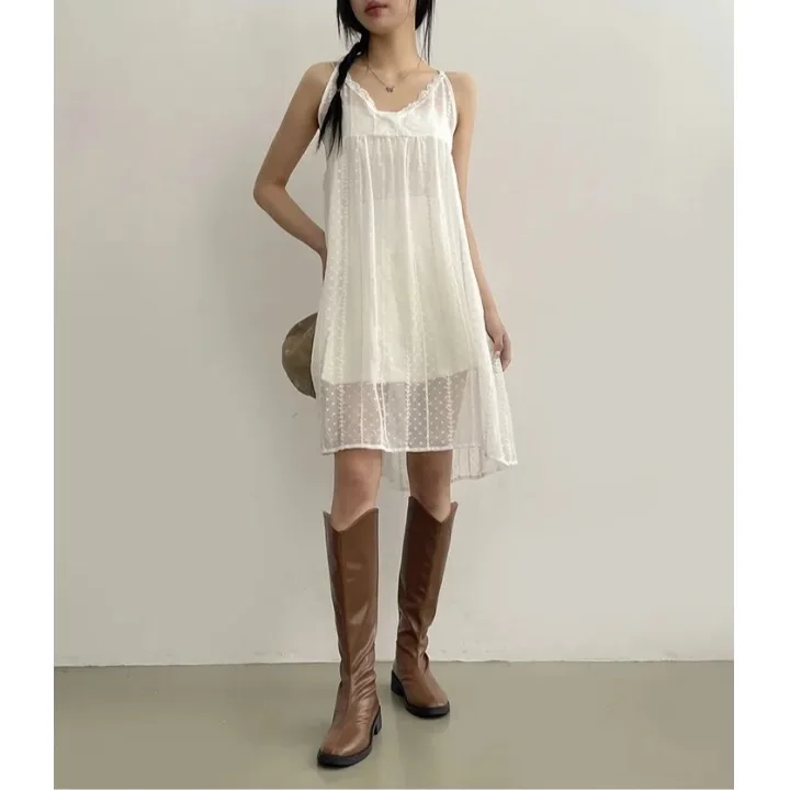 

2026 Summer New Design V-Neck Lace Mesh Tank Dress Gentle Style Layering Cover-Up Women's Loose Fit Polyester Pure Color