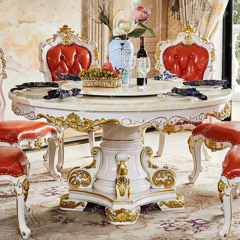 

Обеденный стол из мрамора и стулья, комбинация из цельного дерева с резьбой, круглый стол с цветочным узором, набор для виллы или ресторана.