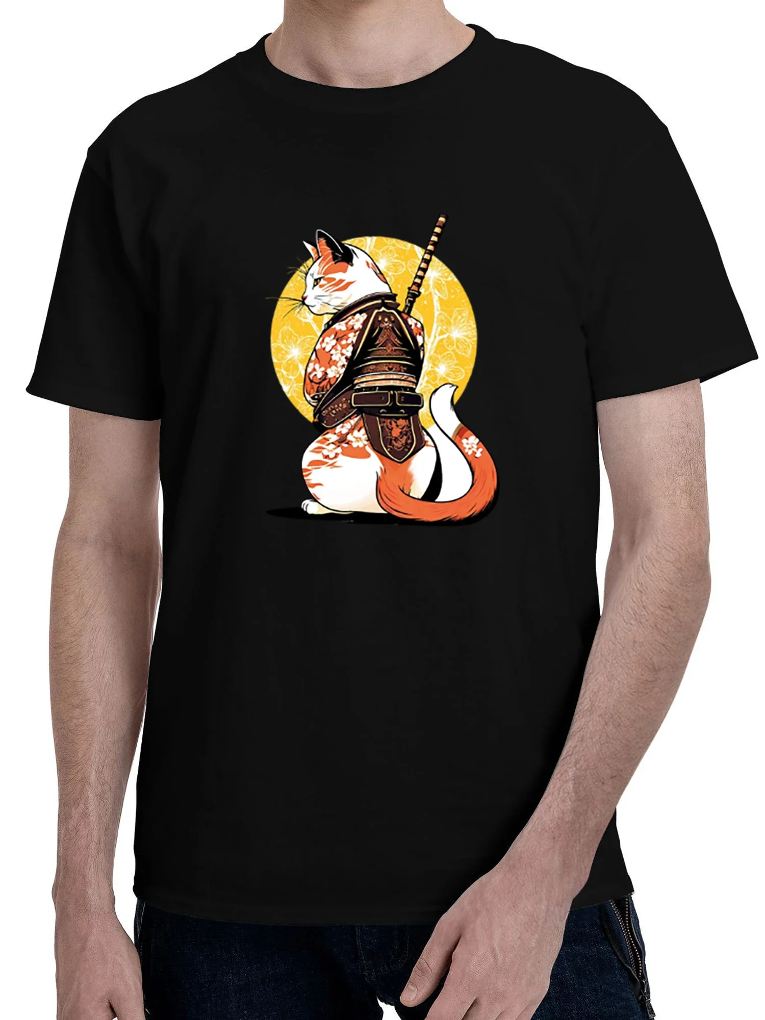 

Samurai Cat Warrior Japanese Graphic Cotton T-Shirt Men Round Neck Streetwear