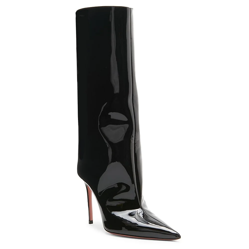 Customizable Plus Size Pull On Pointed Toe Stiletto Mid Calf Iridescent Multicolor Petrol Patent Leather High Heel Boots