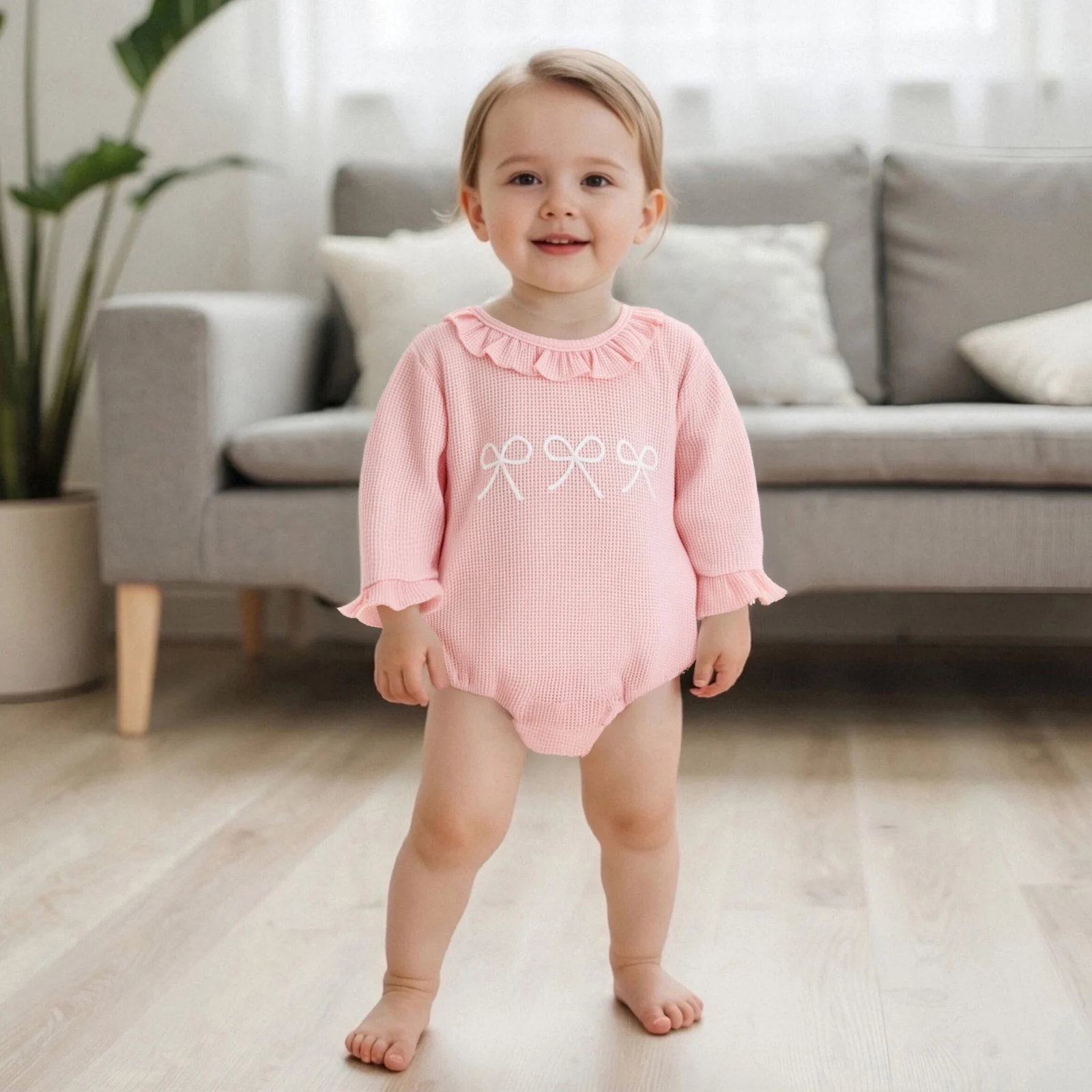 Baby Girls Bubble Romper Fashionable Round Neck Bow Embroidery Long Sleeve Waffle Ruffle Jumpsuit Clothes