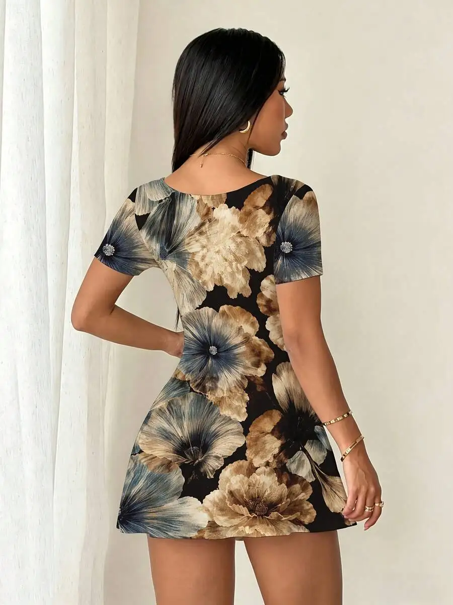 Floral Print Square Neck Fake Two Piece Tennis Dress High Elasticity Quick Drying Sports Dress With Pocket Summer Fitness And