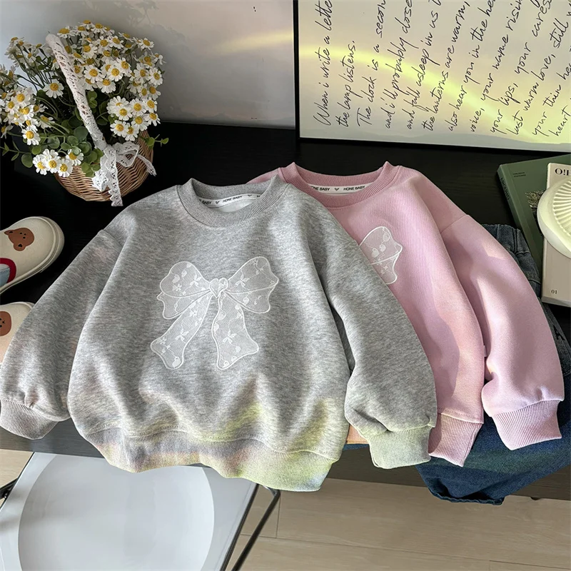 Spring Sweater Girls Bow Tie Blouse Kids Round Neck Loose Pullover New Sweet Cute Children's Autumn Fashion Coat 2-14 Years