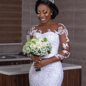 Personalisierte afrikanische Luxus -Perlen -Meerjungfrau -Hochzeitskleid Langarm Pearl Applizes Schwarze Brautkleider Braut Kleid 12 Hauptverkaufskleider Braut Outlet - №7
