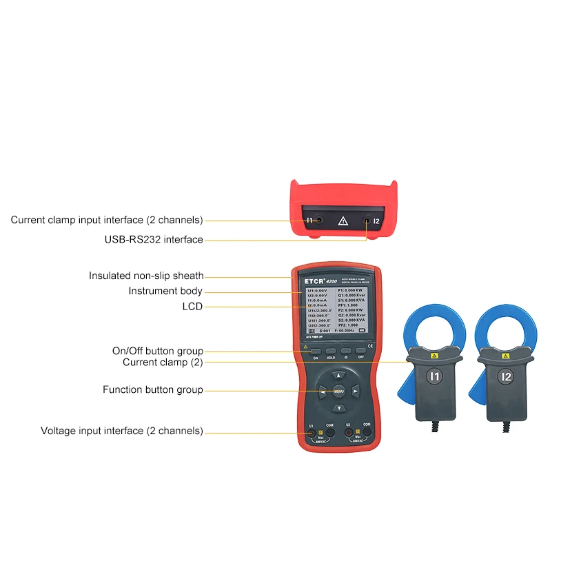 ETCR4020 Large Caliber Double Clamp Digital Phase Voltmeter AC 0.00V-600V,AC 0.0mA-600A /0.0W-12kW,0.0-360.0 Data Storage Upload