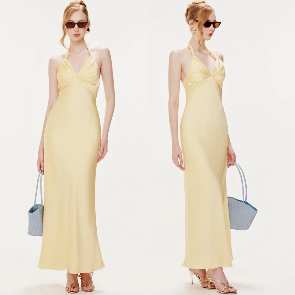 

Customized Luxury Satin Evening Dress Exquisite Halter V-Neck Mermaid Prom Dresses Modern Sleeveless Special Occasion Gowns