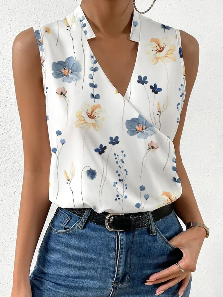 Camisa estampada sin mangas con cuello en V para mujer, blusa informal holgada sin mangas, Tops blancos para mujer 2024