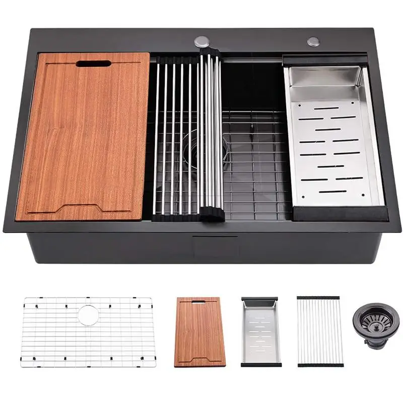 

33-дюймовая вставная кухонная мойка с радиусом R10, одинарная чаша из нержавеющей стали со встроенной выступкой и аксессуарами, упаковка из 5 шт.