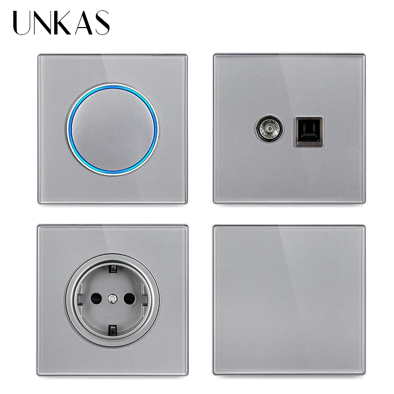 UNKAS 1/2/3/4 Gang 1/2 Way On / Off Light Switch Large Aperture LED Backlight EU French TV Computer Telephone Gray Glass Outlet