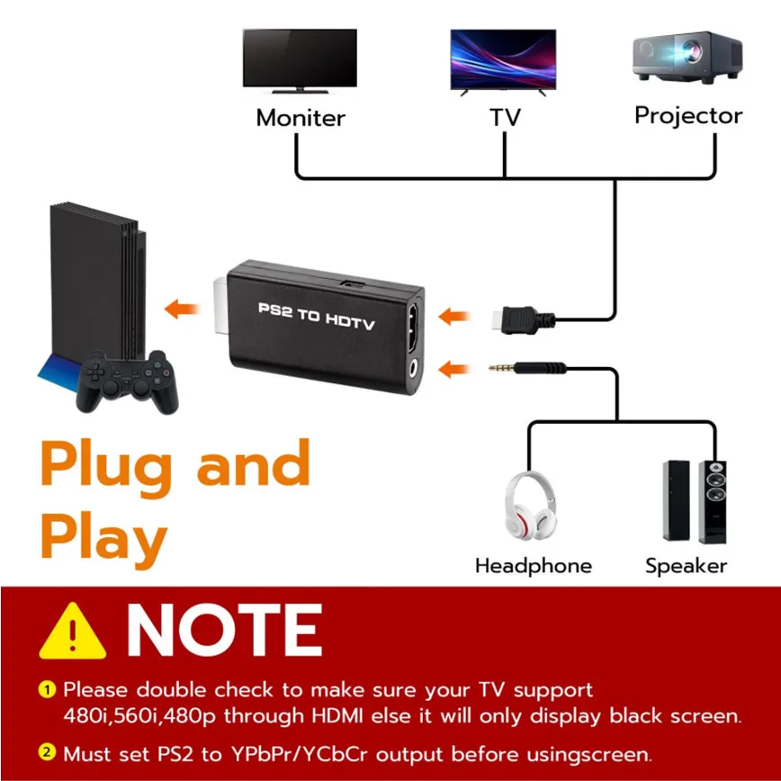 PS2 to HDMI-compatible Converter Adapter with 3.5mm Audio Output HD Converter for PlayStation 2 Plug & Play for HDTV/Monitor