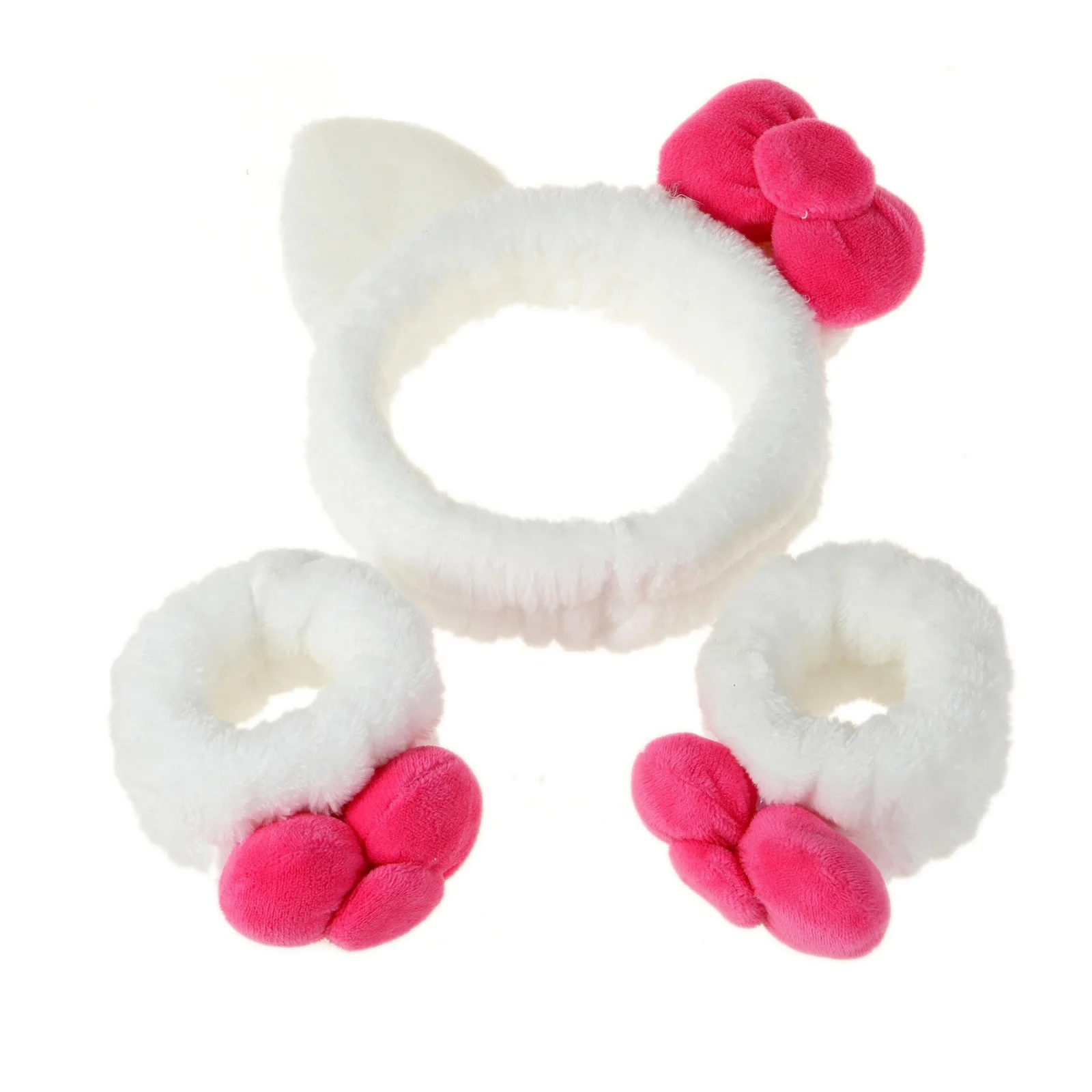 3PCS White Pink Plush Hair Set, Cat Ear Headband & Scrunchies, Cute Fuzzy Hair Accessories, Stylish Daily Hair Decor