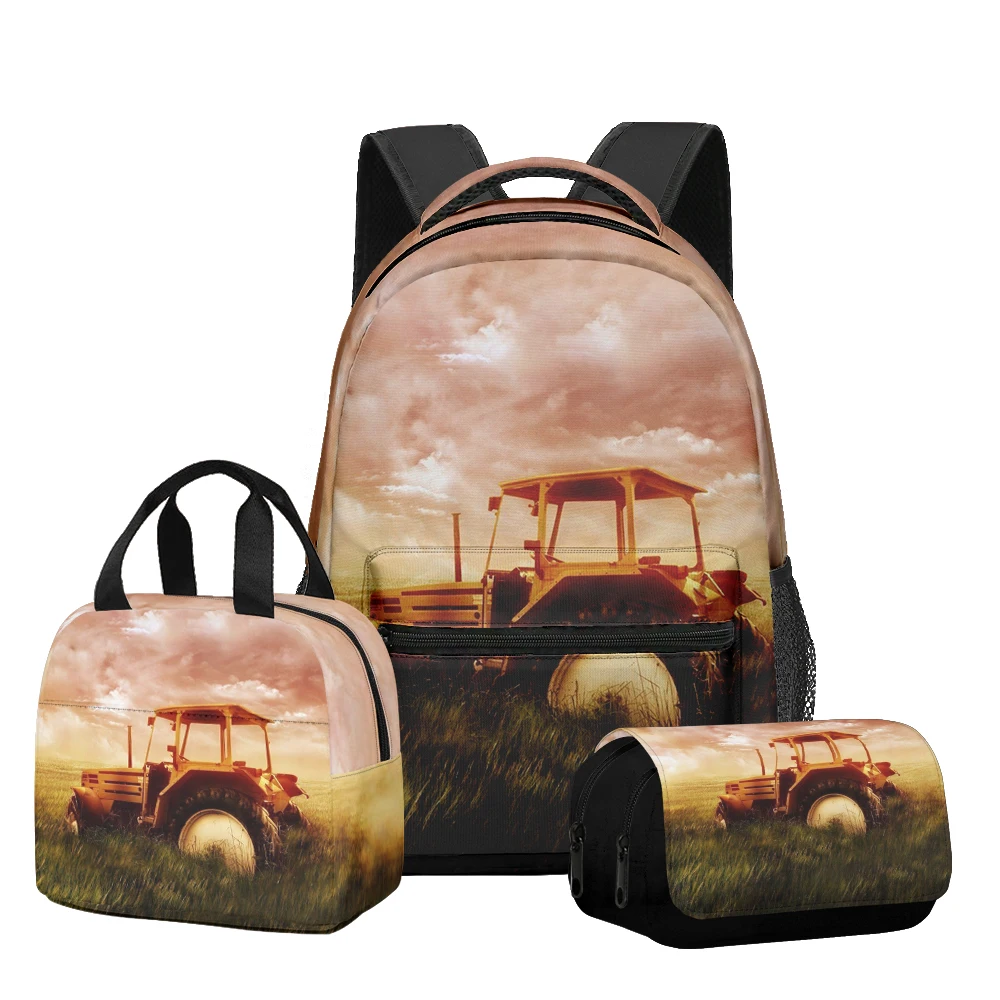 

Модная новинка, крутой узор трактора с 3D принтом, 3 шт./компл., школьные сумки для ноутбука, рюкзак, сумка для обеда, пенал