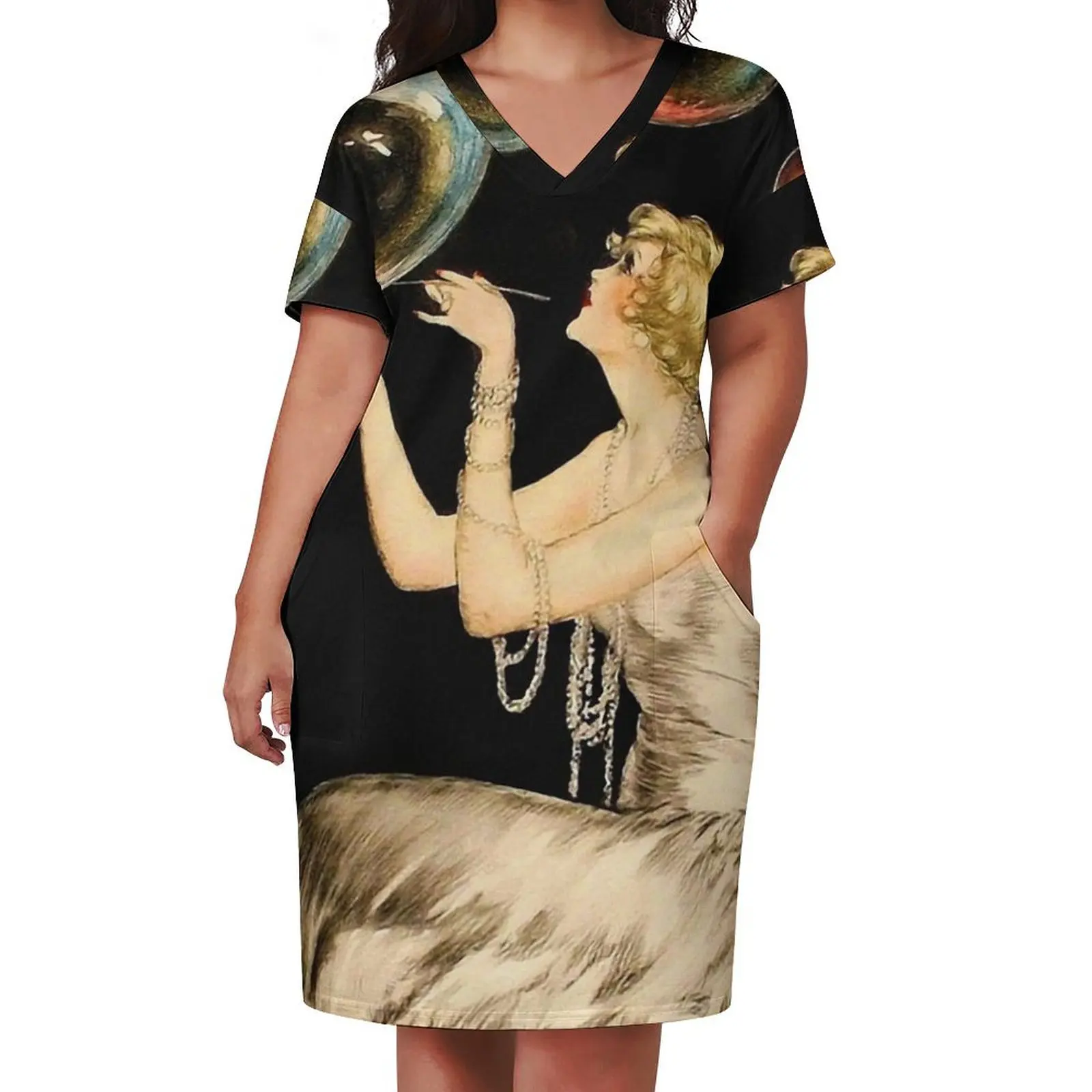 Enchanting Whimsical French Art Deco Woman Fashion illustration Loose Pocket Dress Aesthetic clothing