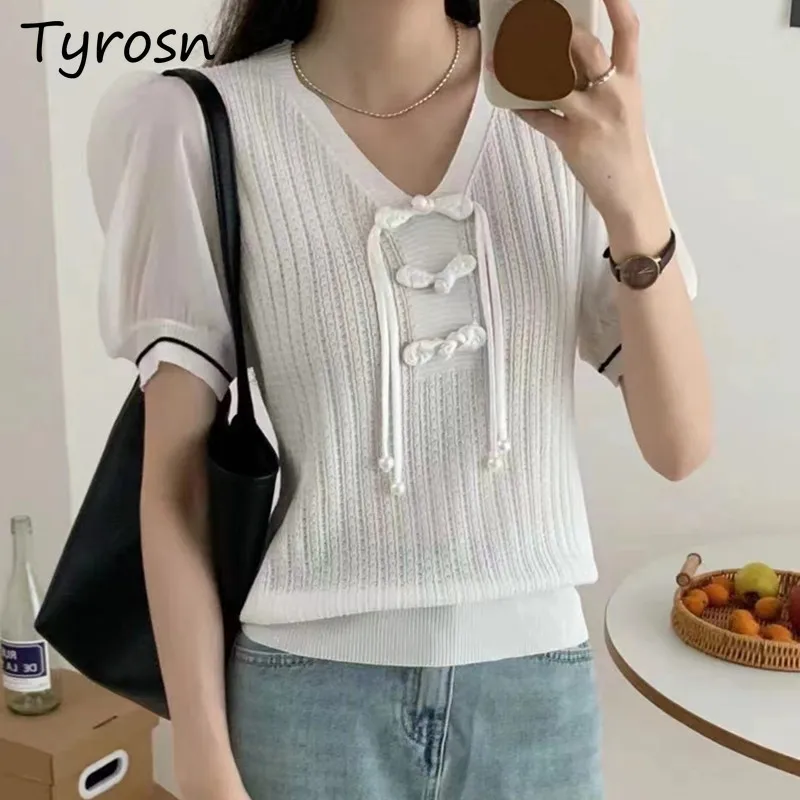 

Solid Colors Women Blouse Button Short Sleeve V-neck Cropped Summer Tender Fashion Chinese Casual Sweet Girls Retro New Slouchy