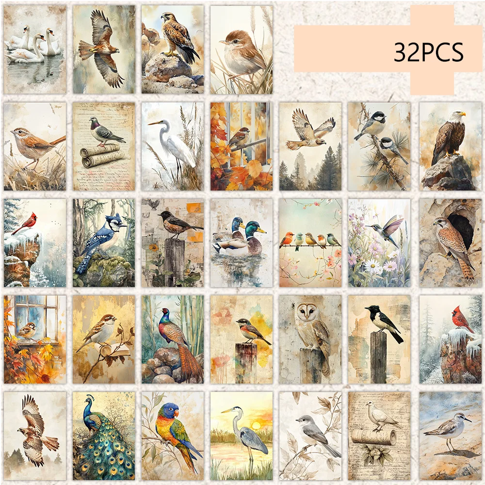 32pcs, natural style bird postcards, indoor bedroom decoration, wall stickers, message cards, greeting cards, commemorative image 6