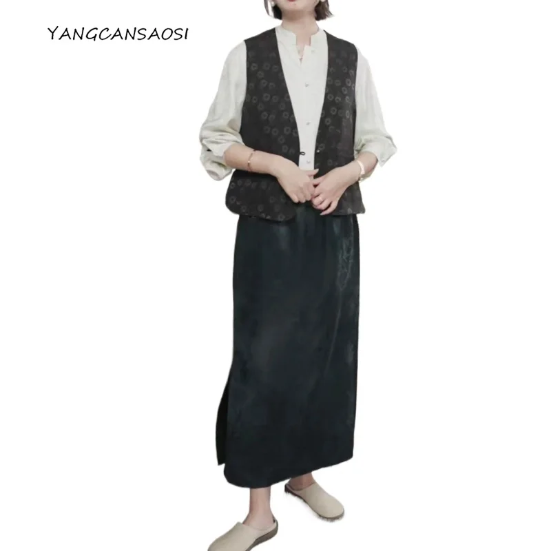 

Peacock Green Peony Jacquard Elastic Waist Glossy 100% Natural Mulberry Silk Gambiered Guangdong Gauze Women's Fashion Skirt