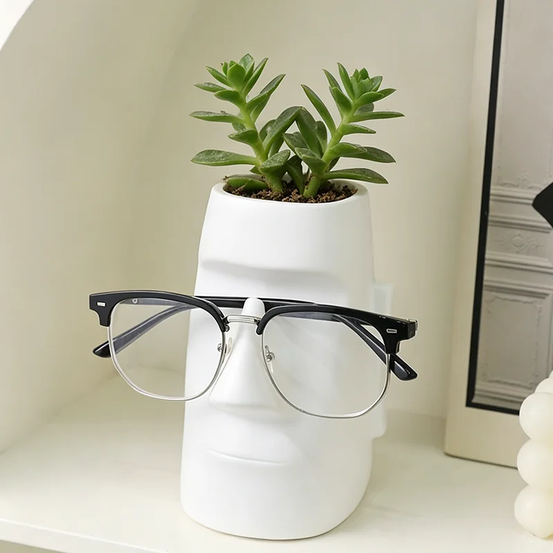 Multifunctional Moai Face Resin Flower Pot Easter Island Statue Planter with Eyeglasses Holder for Succulents and Small Plants