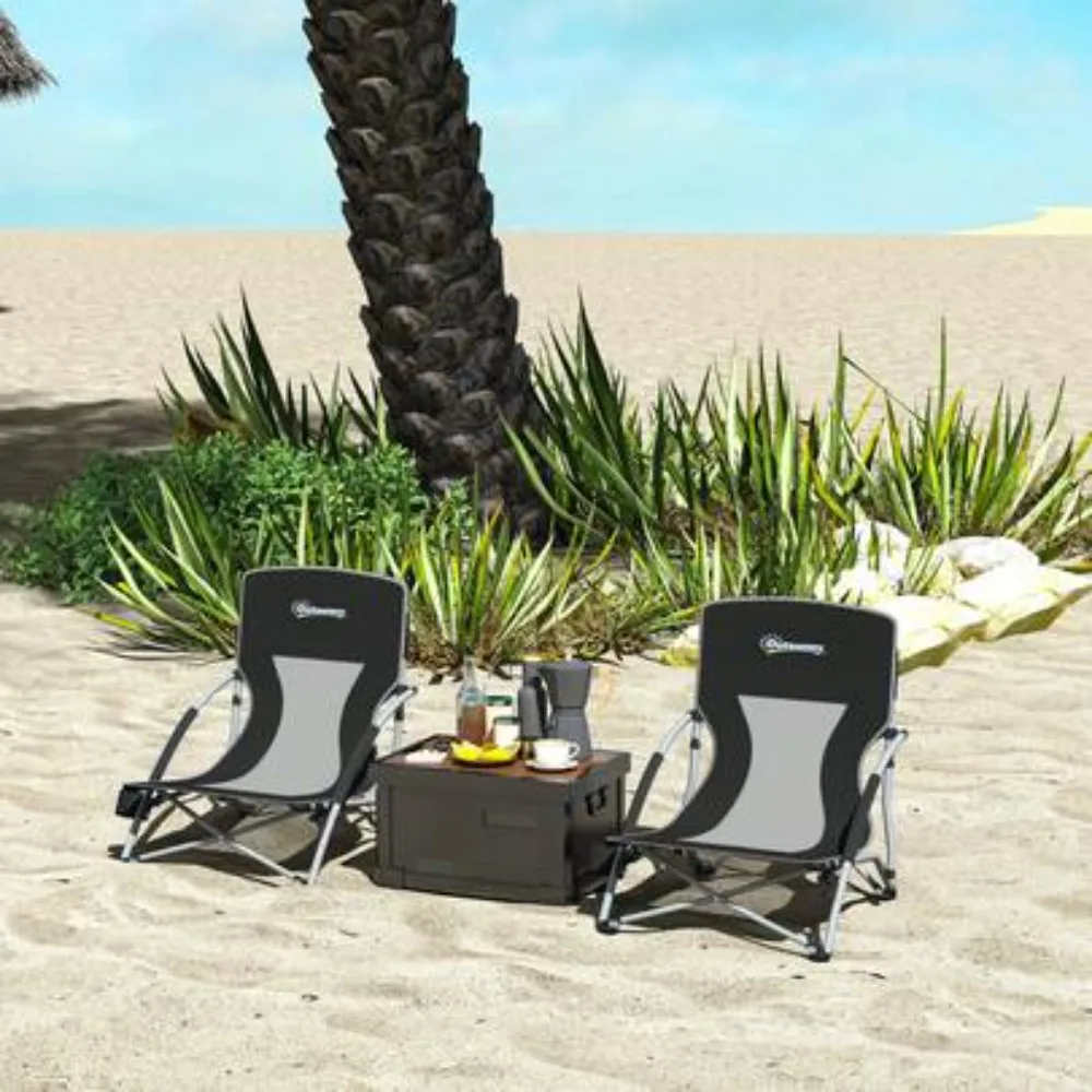 2 Pack Folding Beach Chairs with Mesh Back, Cup Holder, Carry Bag, Heavy Duty Steel Frame, Portable Collapsible for Camping, Picnic, Lawn, Patio, Pool, Adjustable Reclining Positions, Black
