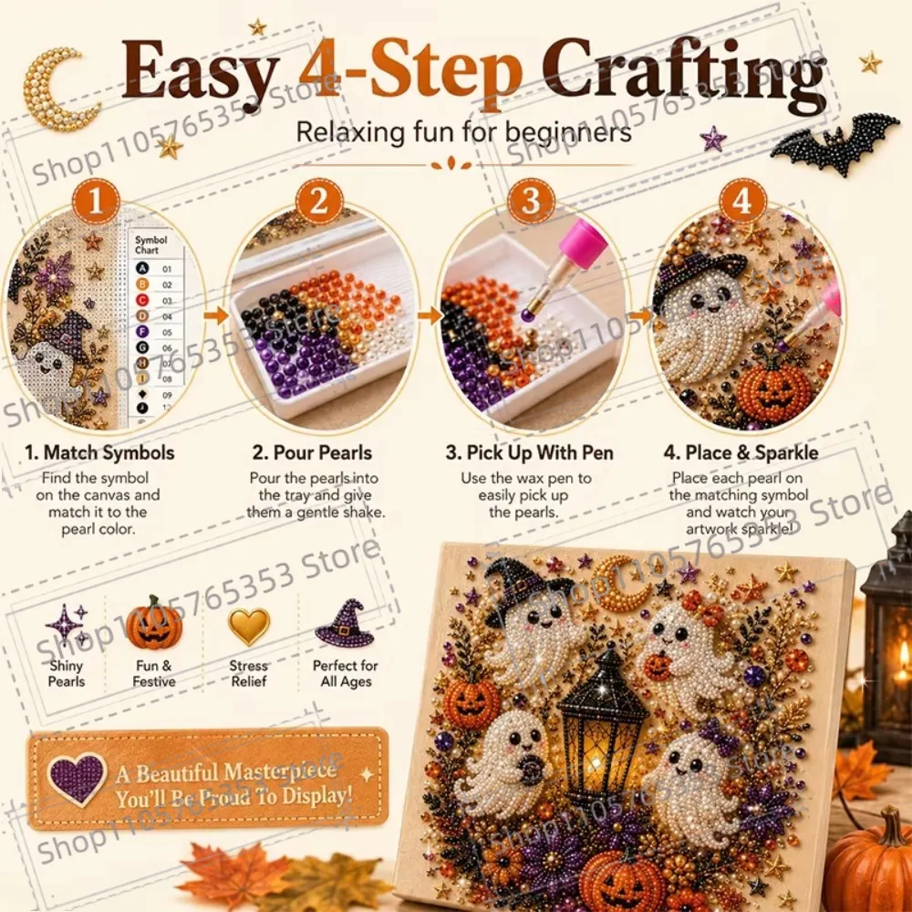 2026 Halloween Ghost Pearl Art Kit for DIY Pearl Painting Craft Kit Beginner Friendly Halloween Pearl Diamond Art Wall Decor
