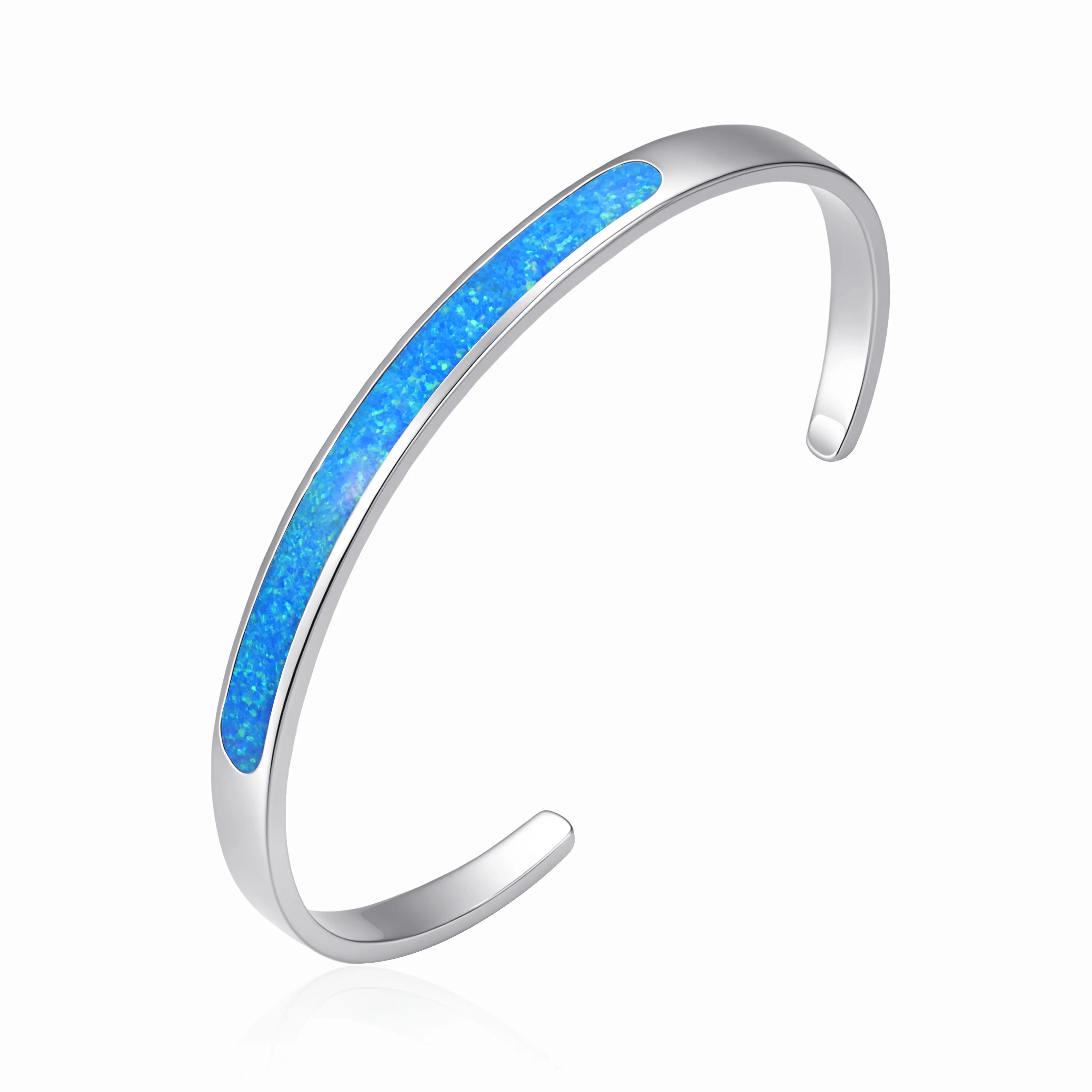 Minimalist Geometric Cuff Bracelet Solid Strip Blue Opal Inlay Women Dainty Fashion Open Bangle for Daily Pparty Birthday Gift