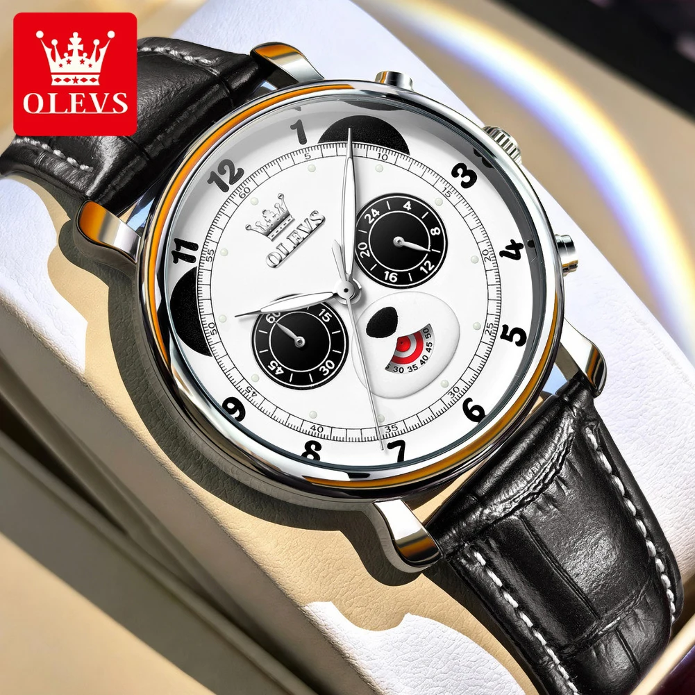 OLEVS 3753 New Quartz Watches For Man Original Leather Strap Trendy Panda Eye Design Waterproof Luminous Chronograph Men's Watch