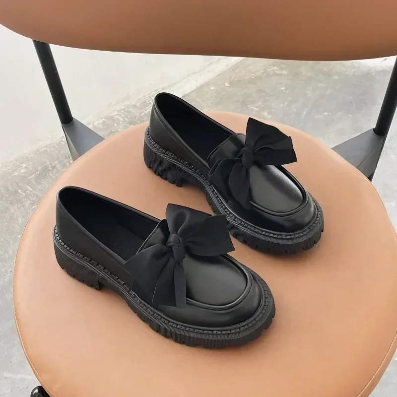 Low Heel Square Heel Loafers Round Toe Casual 2024 High Quality New Ladies Shoes Slip-on Butterfly-knot Solid Fashion Pumps