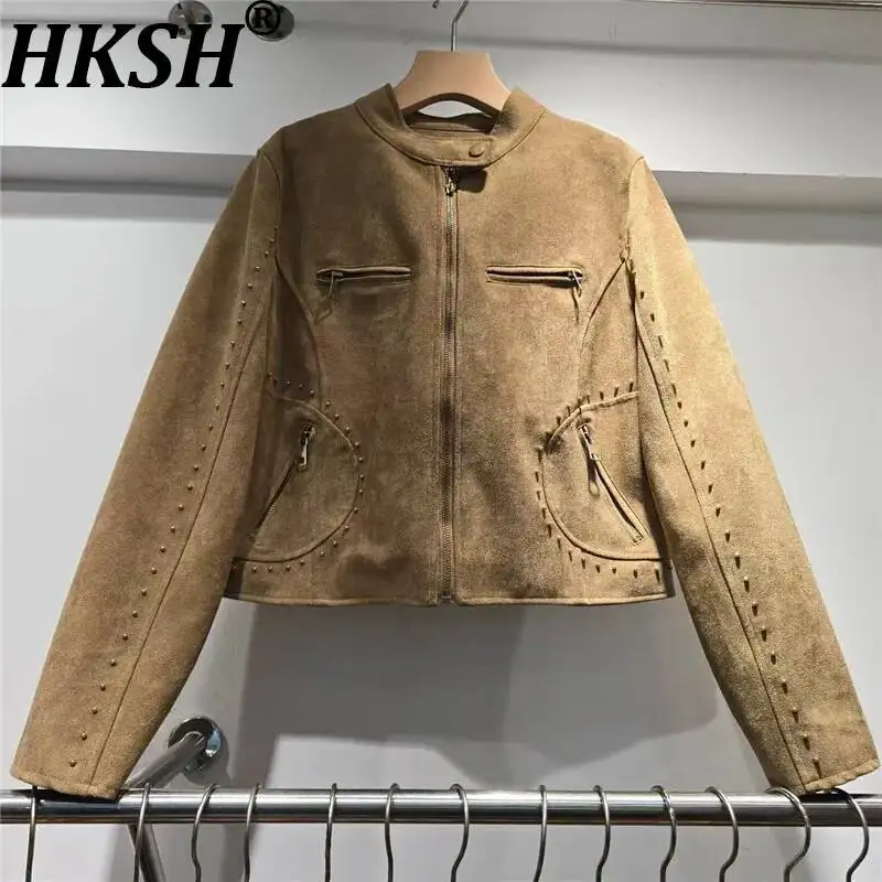 HKSH Women Short Coat Vintage Rivet Stand Collar Zipper Design Patchwork Moto Biker Style Stylish Ins Niche Cargo Jacket HK26349