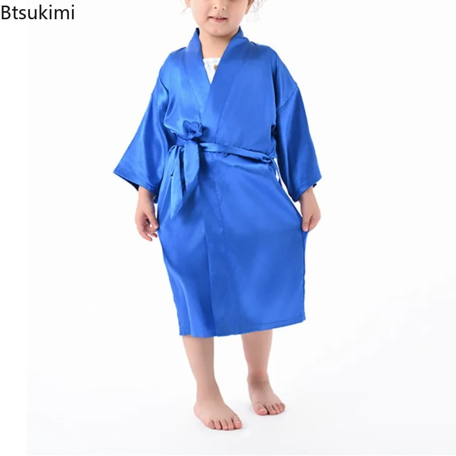 New 2026 Summer Children's Silk Satin Long Length Children Kimono Wedding Spa Party Dress Kids Simple Casual Solid Color Robes