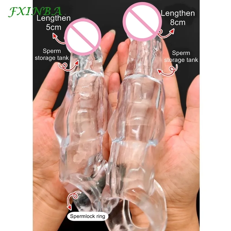 FXINBA 18/21cm Huge Penis Extender Sleeve Thick Clear Sex Toys For Men Reusable Comdom Delay Cock Ring Sleeve Male Enlargers