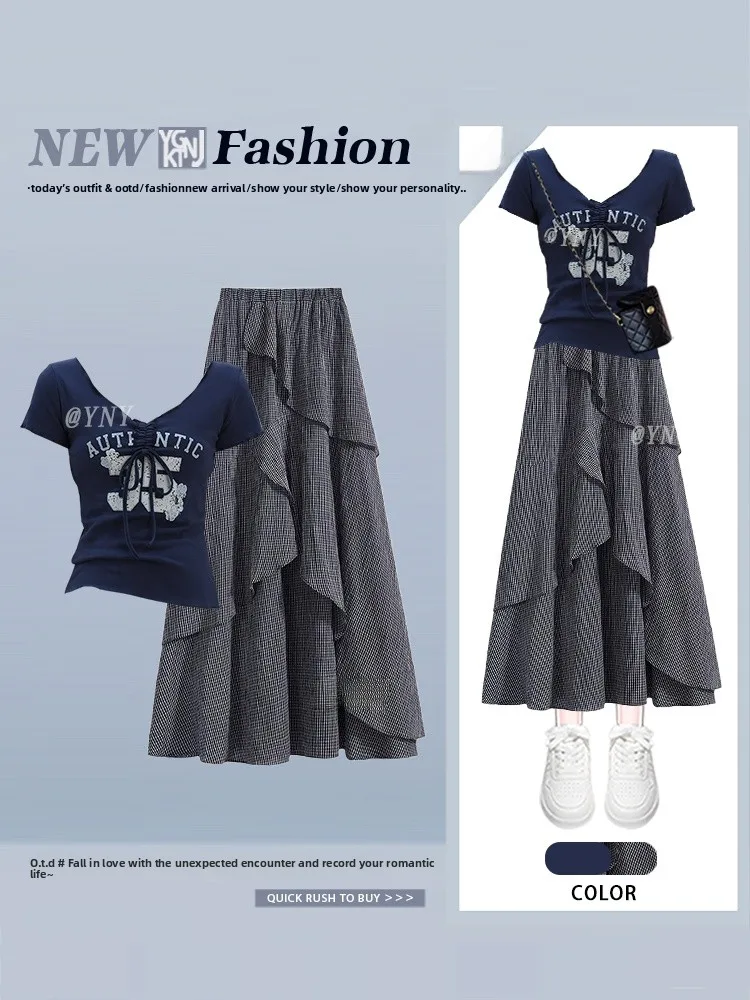 Korean Sle Letter Embroidery Pleated ort Sve Top with A-Line Skirt Women's Faion Ensemble Elastic Waist Midi Skirt