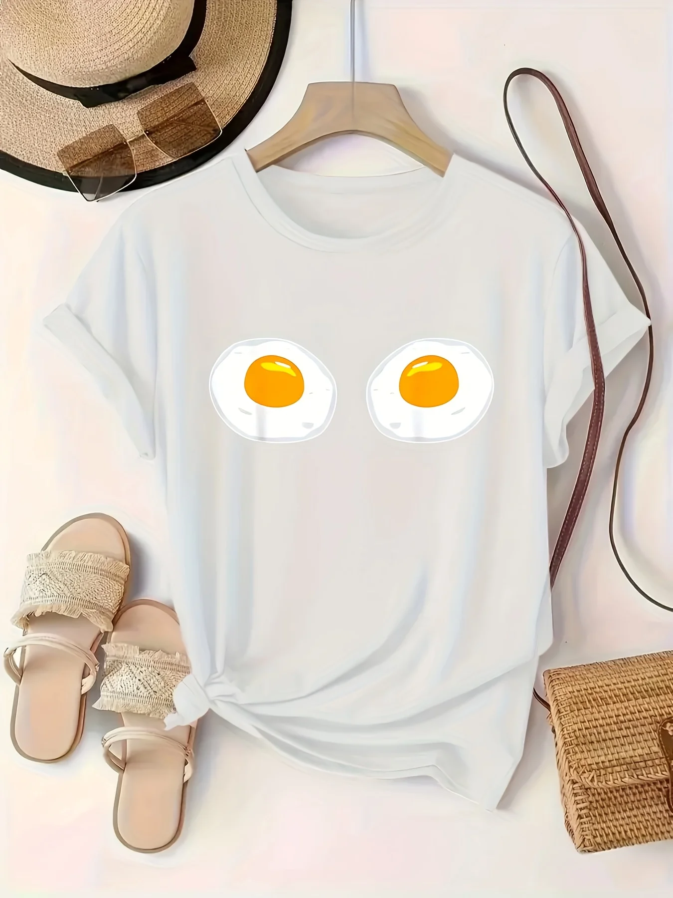 Women'S Casual Crew Neck T-Shirt with Cute Fried Egg  Sleeve Summer Short Sleeved Harajuku Streetwear Tops Tees