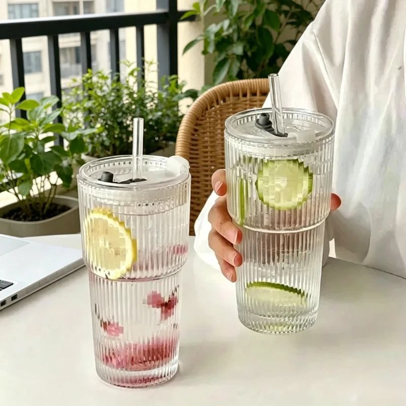 Striped Glass Coffee Cup with Lid Straw Transparent Drinking Cup Juice Iced Coffee Cup Beverage Cup Small Fresh Style Simple