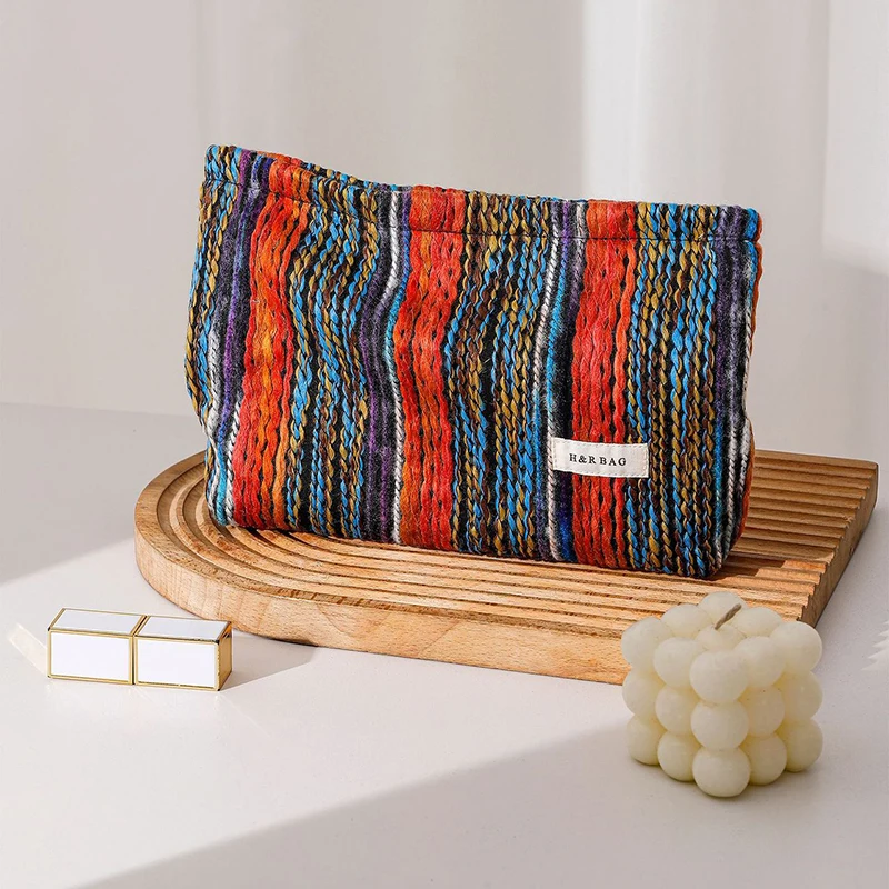 5pcs Cosmetic Bags Retro Canvas Mix Wool Printing Large Capacity Ear Line Travel Coin Purses