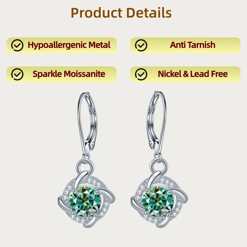 

LAMVOICE jewelry for women/earrings with 2 carat moissanite Hypoallergenic hook earring christmas gift for high quality jewelry