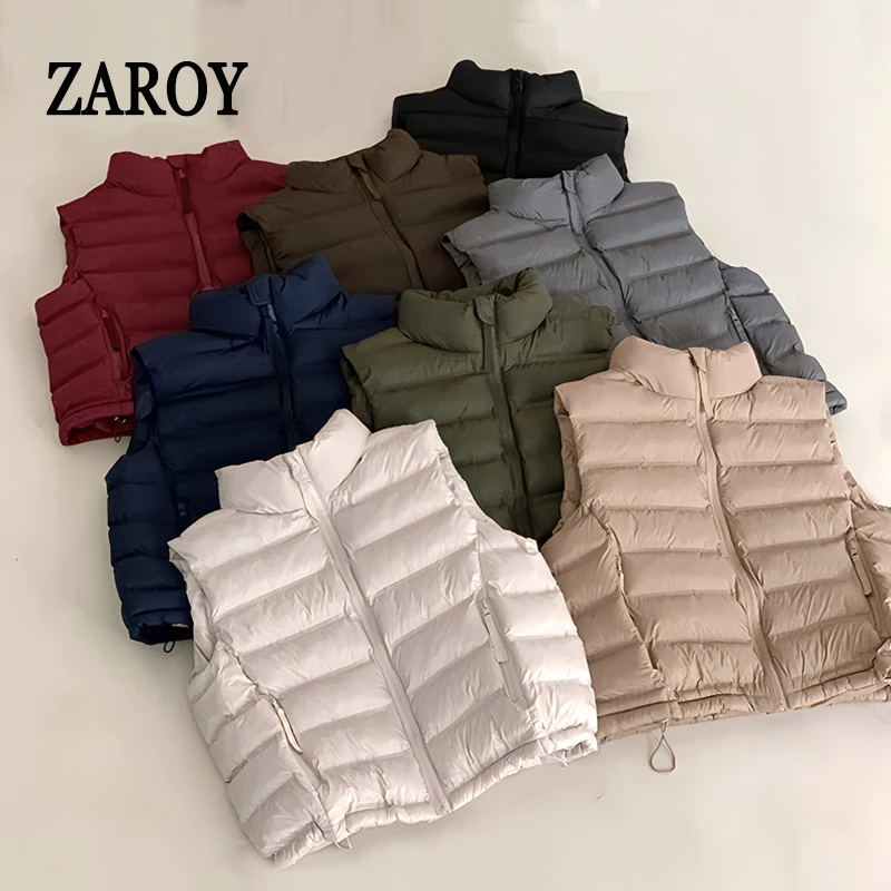 

ZAROY Women's Cotton Vest Jacket Autumn Basic Solid Sleeveless Stand Collar Coats Casual Korean Waistcoat Street Outerwears