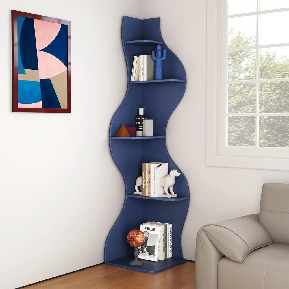 

5-Tier Compact Shelving Unit, Scalloped Design, Wooden Stand for Books, Plants, and Decor, Assorted Blue Large Sizes