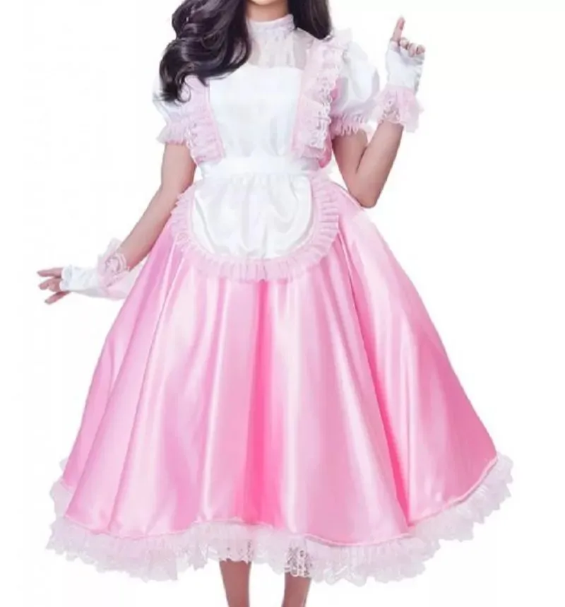 Sissy Girly pink satin dress maid cosplay tailored