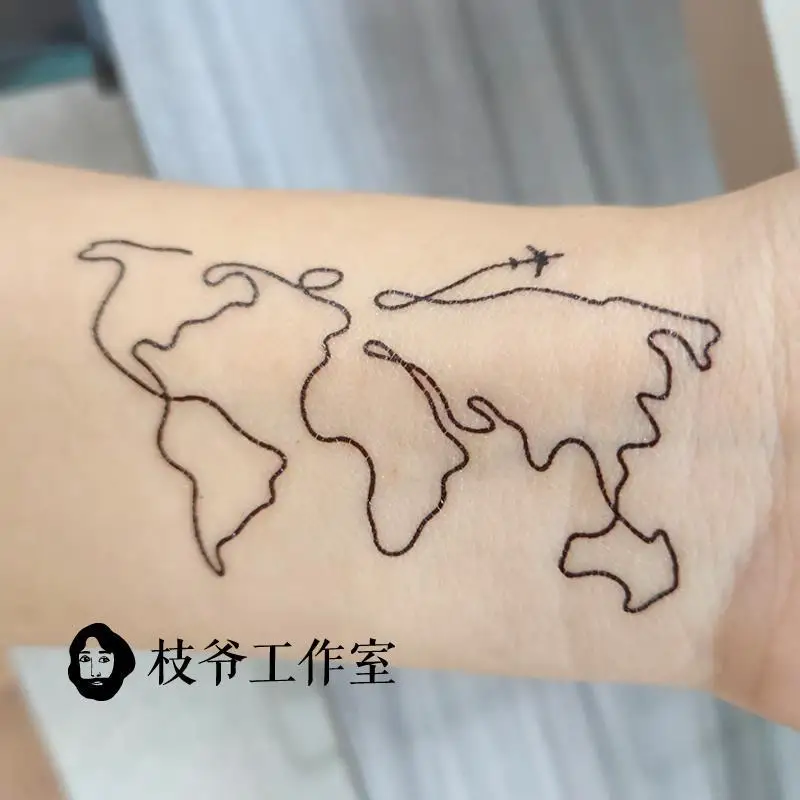 Earth Map Line Fake Tattoo Around World Worldwide Travel Waterproof Plane Five Continents Lasting Art Stickers Temporary Tattoo