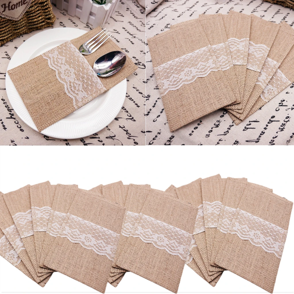 20 Pack Natural Burlap Cutlery Holder Pouch Bag, Cutlery Pockets,cutlery Rack Lace Cutlery Bag, Knife, Fork,wedding Decoration