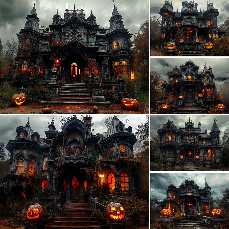 

LS Halloween Haunted Cottage Backdrops Kids Portrait Photography Child Baby Cake Smash Fall Pumpkin Lantern Background