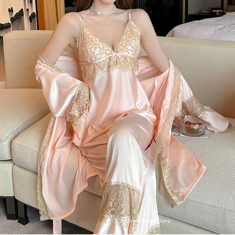 Lady Elegant Nightwear Lace Up Pyjamas Set Lounge Sleepwear Satin 3 Pcs Home Clothes Flare Sleeve Cardigan&cami Top&pants