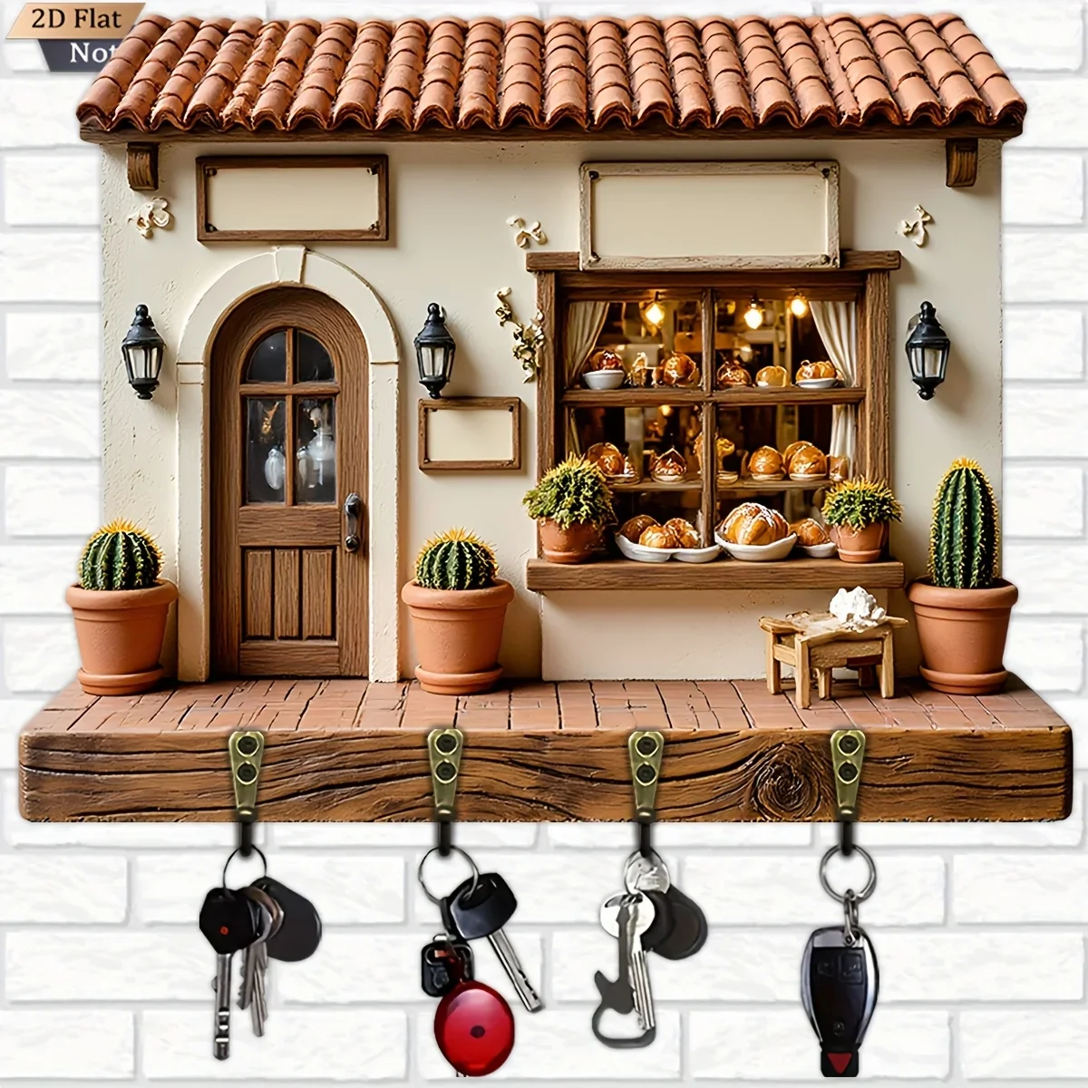 2D Flat, 1pc, Retro Town Bakery Style Key Hook Wooden Multifunctional Home Key Holder with Four Metal Hooks, Wall Decoration,