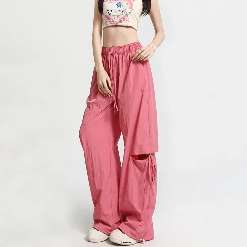 

Pop Women's Ripped Work Trousers Summer Thin Casual Straight Leg Wide American Quick Dry Ice Silk Sports Long Pants