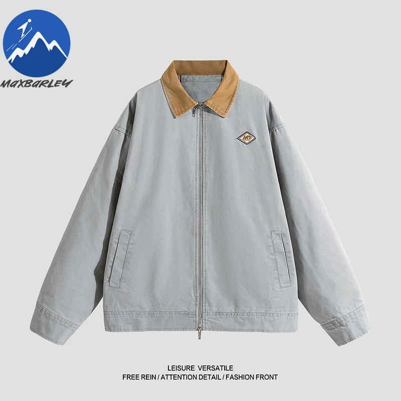 Maxbarley Fashion Windbreaker Jackets Men Autumn New Color Block Pure Cotton Work Jacket Casual Outdoor Hiking Zipper Outerwear