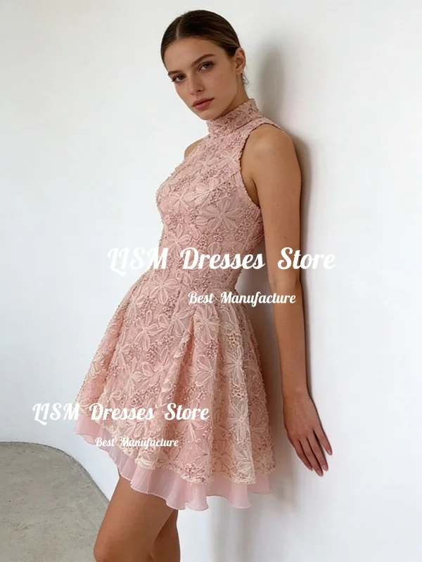 LISM Modern Blush Halter Slimming Spliced Mesh Dress for Women Round Nech Sleeveless Patchwork Beading Mini Dresses Female New